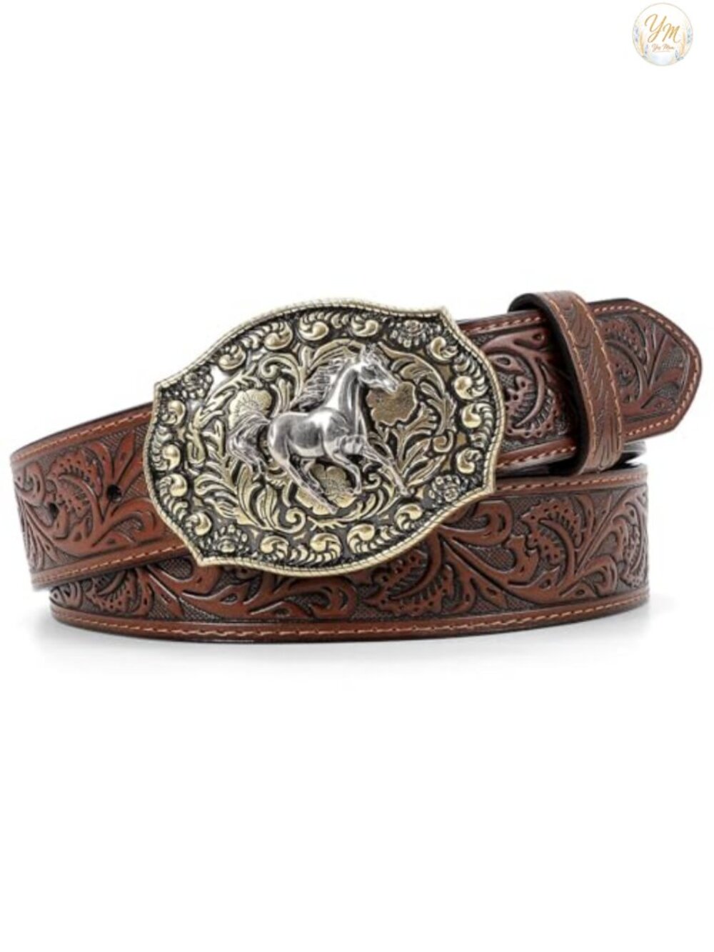 Embossed Leather Western Belt with Horse Buckle Cowboy